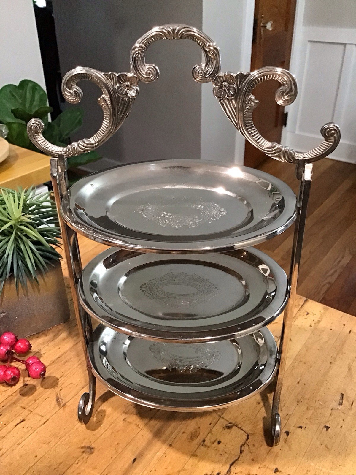 Vintage Edwardian Style  3 Tier Removable  Cake/Candy Stand Engraved Silverplate
