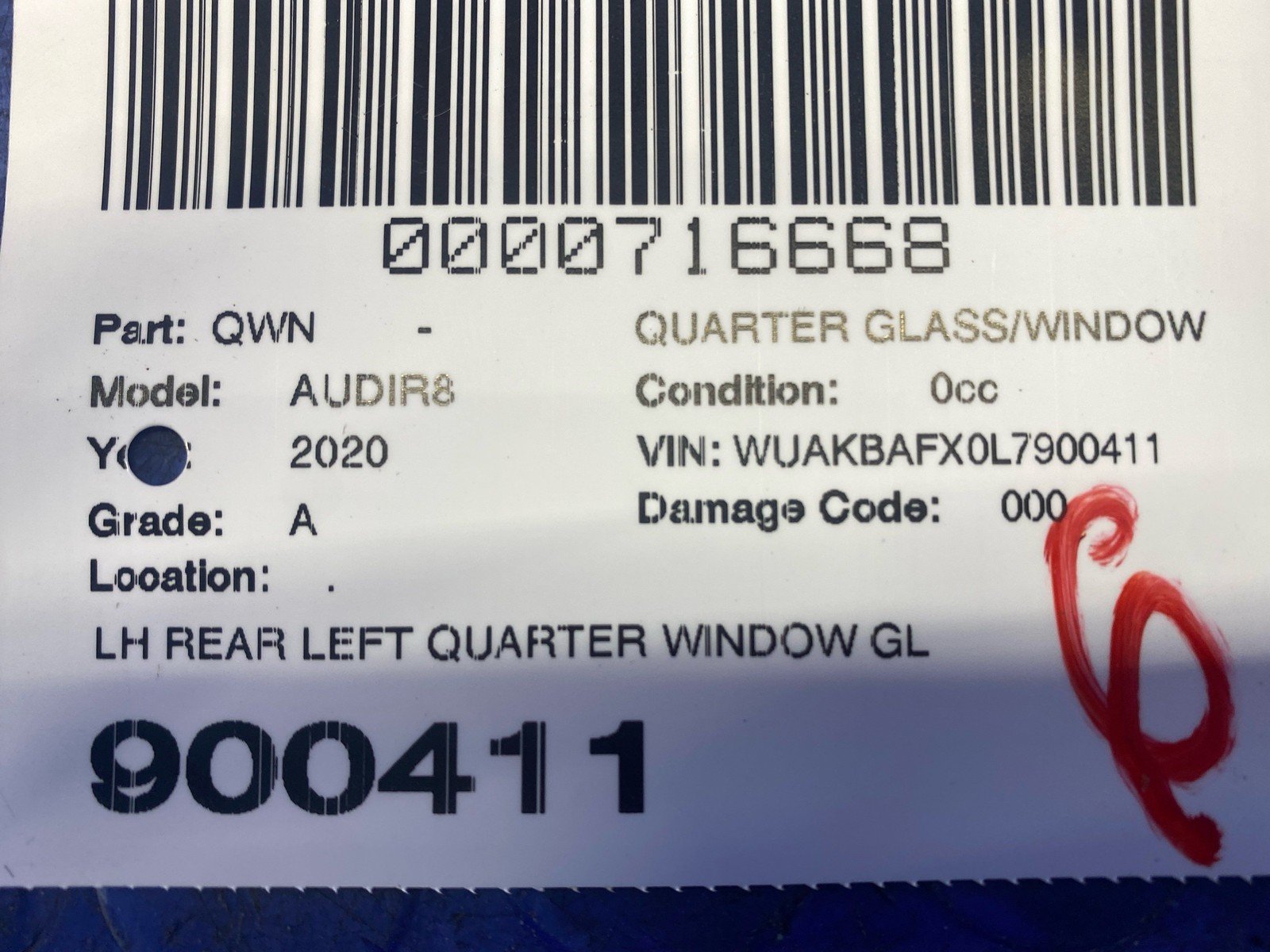 2017 2018 2019 2020 2021 2022 2023 AUDI R8 REAR LEFT QUARTER WINDOW GLASS OEM