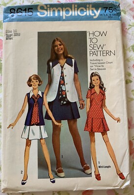Simplicity 1978 Sewing Pattern 8615 Dress Vest Tie Size 10 Bust 32.5