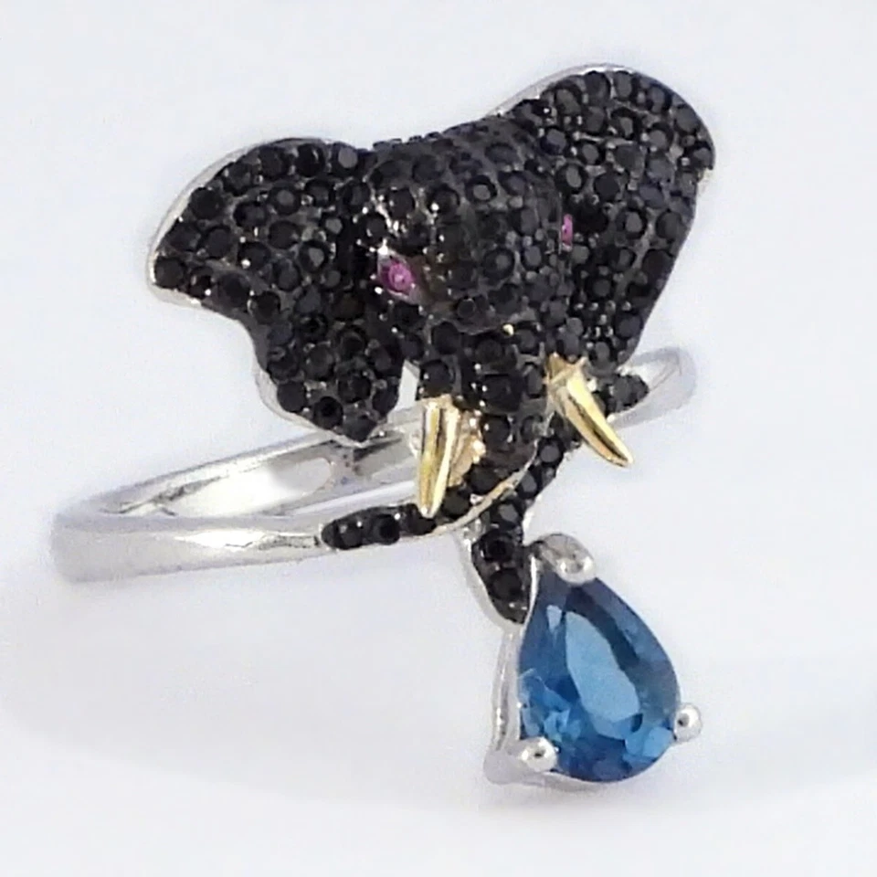 Blautopas Spinell Rubin Elefant 925 Sterling Silber Damen Edelsteine Finger ring - Bild 2 von 3