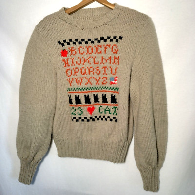 Handknit Sweater Women M Teacher Alphabet ABC Love Cat Tan Chunky Vintage School