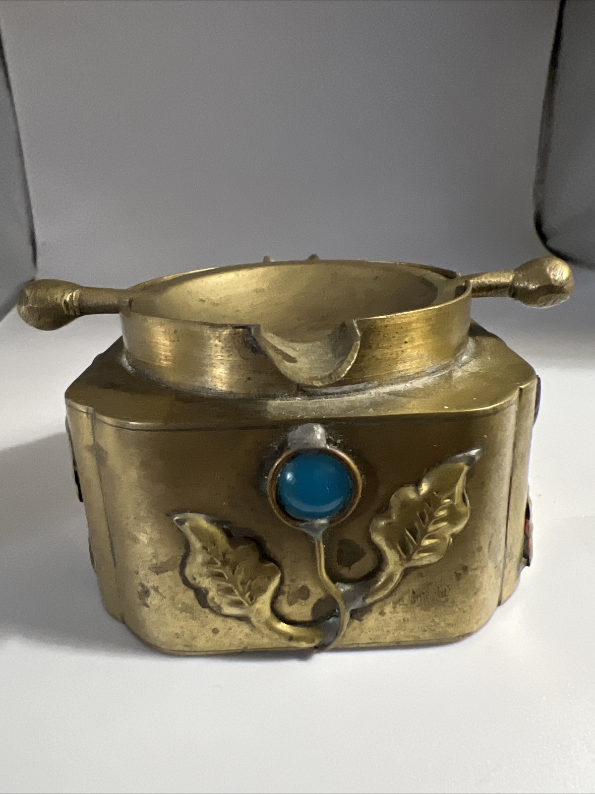 Vtg Brass Ashtray Flip Top Beautiful Stones Nice Patina Cool Unique 2.5x2