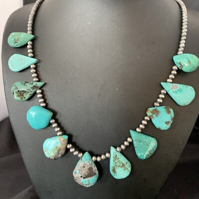 Blue Turquoise Navajo Pearls Sterling Silver Necklace 20'' 13149