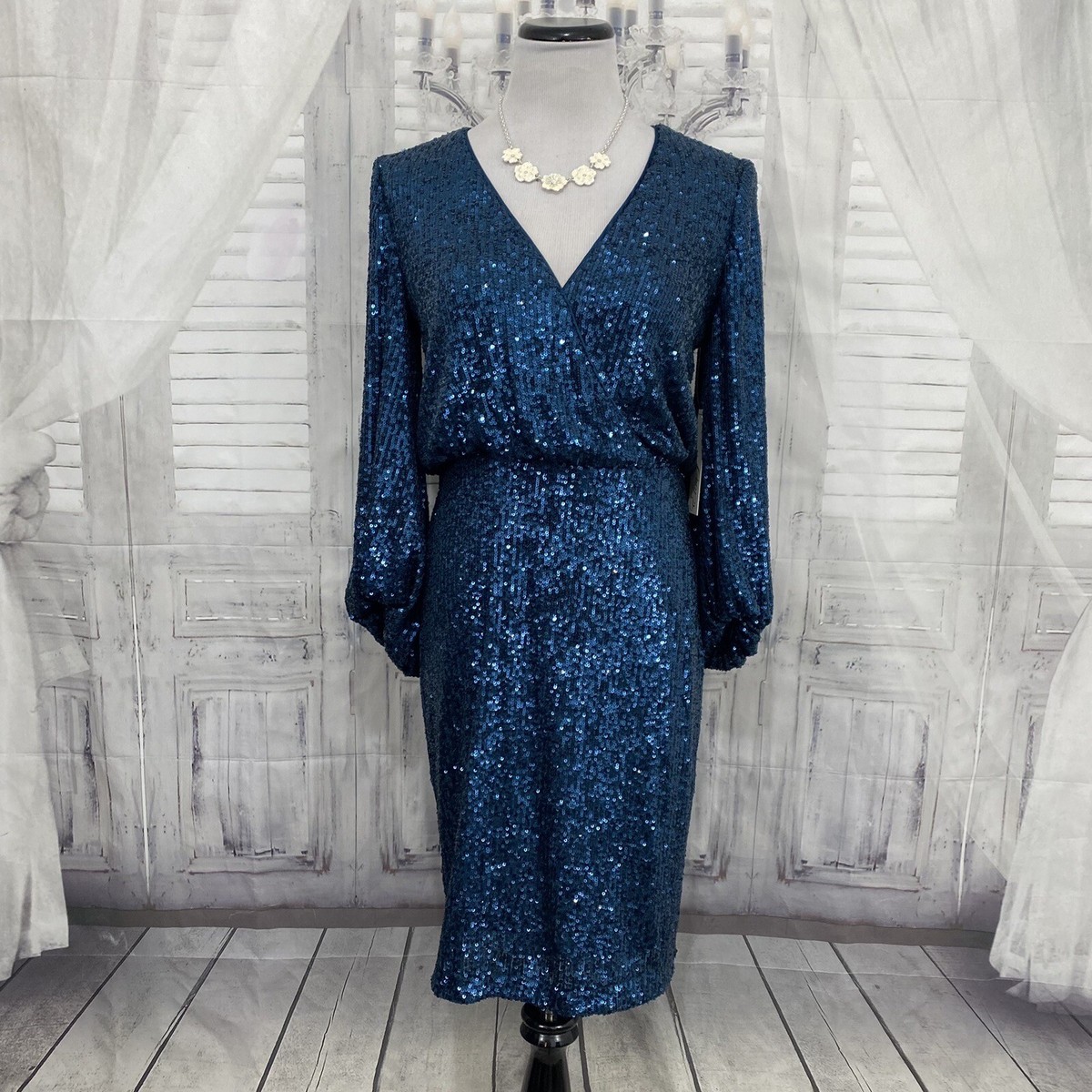 Eliza J Sz 6 Peacock Blue Sequin Blouson Shift Dress Balloon Sleeves Formal  B51 | eBay