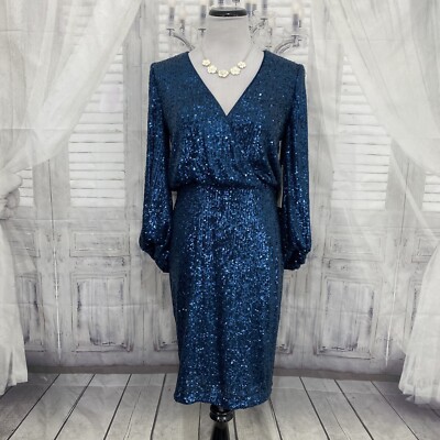Eliza J Sz 6 Peacock Blue Sequin Blouson Shift Dress Balloon Sleeves Formal  B51 | eBay