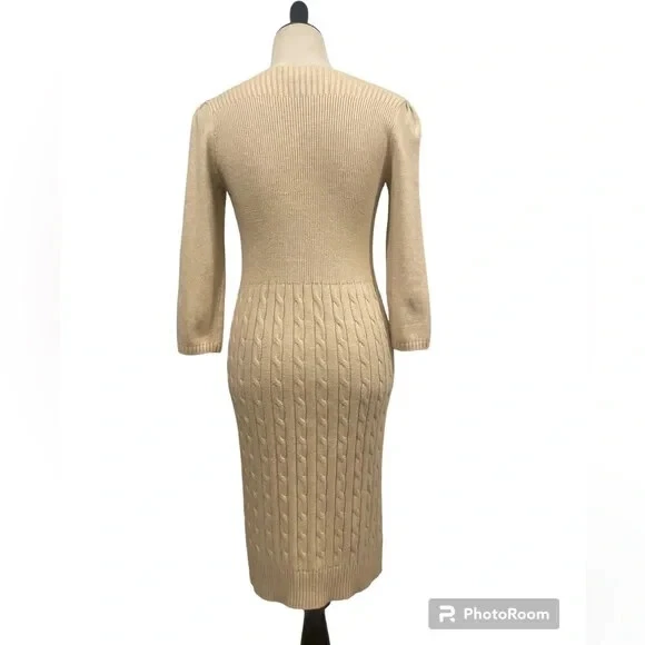 Ralph Lauren Cable Knit Sweater Dress Womens M Beige Tan Old Money Quiet Luxury - Image 2 of 4