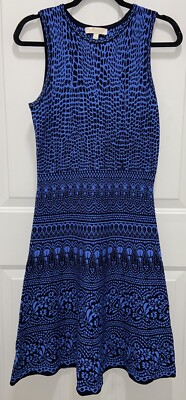 Womens Etcetera Dress Size Small Black Blue Flare Stretchy Preowned EUC