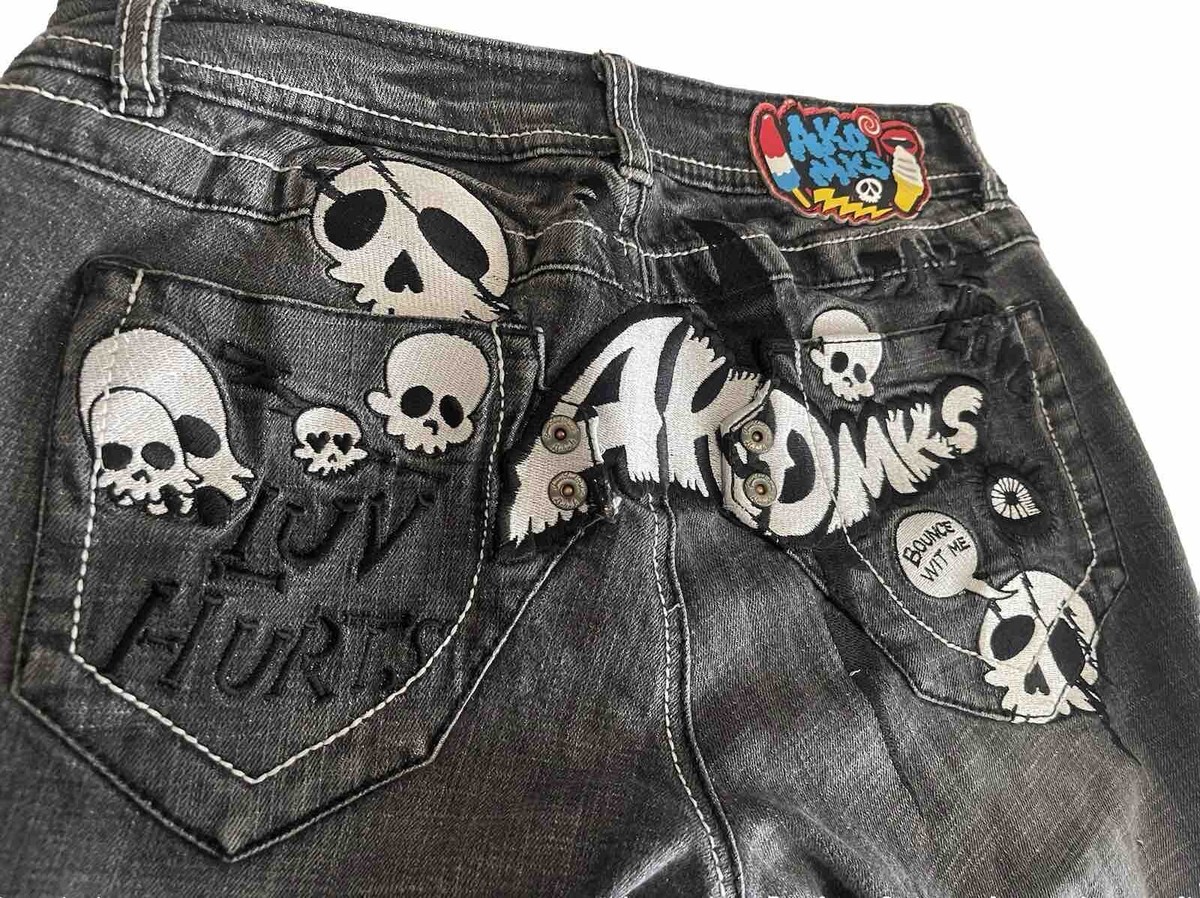 VINTAGE Akademiks Embroidered Skull Jeans Ako Mks Grey Wash Y2K