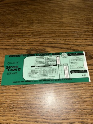 Vintage 1971 General Cable Current Ratings & Conduit Sizes Slide Chart Union NJ