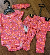 Baby Girl 6-9 Months Pink Smiley 3 Piece Outfit Shirt Pants skirt HeadBand Delia