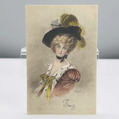 1907 ART NOUVEAU LADY BIG FEATHER HAT FASHION GLAMOR Artist Signed BOTTARO 1553 - image 1 of 4