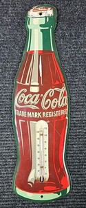 1953 COCA COLA Old Die-Cut Coke Bottle 17 inch Tin Thermometer Sign Working