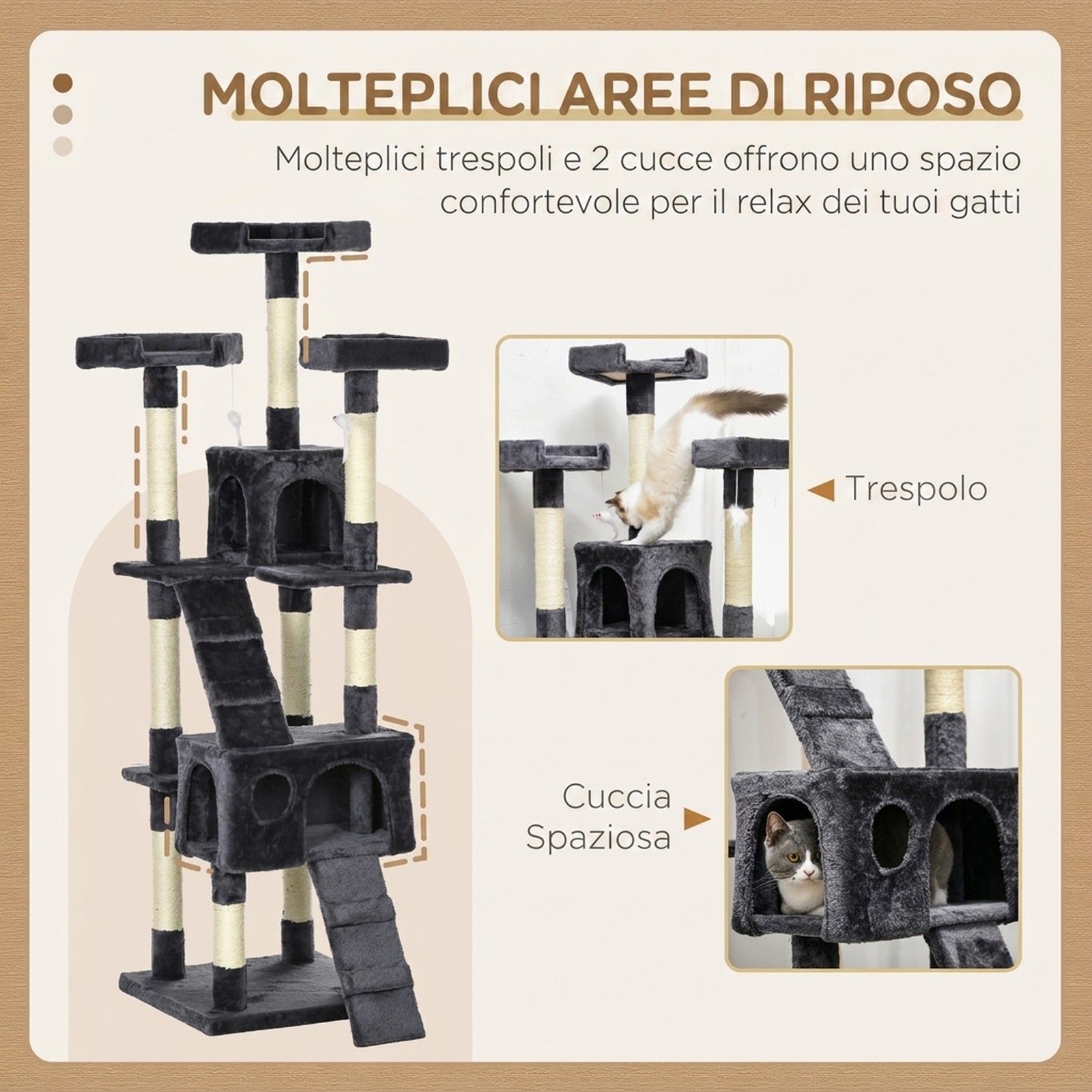 Albero Tiragraffi per Gatti con 3 Posatoi, 2 Casette e Giochi Appesi, in Legno e foto 6