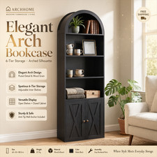 70" Tall Arched Bookcase with Doors 6  Tier Open  Closed Combo Storage Cabinet