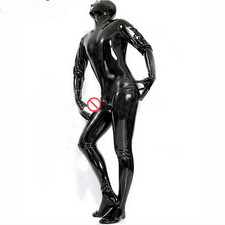 Male Latex Catsuit with Penis Condom Back Zipper Open Eyes Mouth Rubber Bodysuit