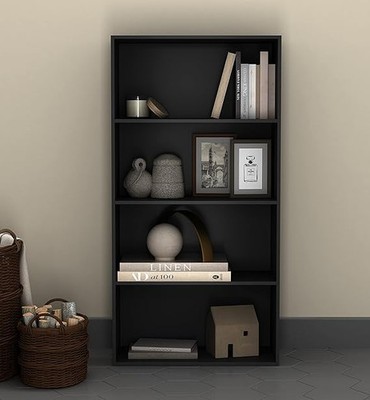 Modernes schwarzes 4-stufiges breites Bücherregal mit Aufbewahrungsschrank - Vitrinenregal