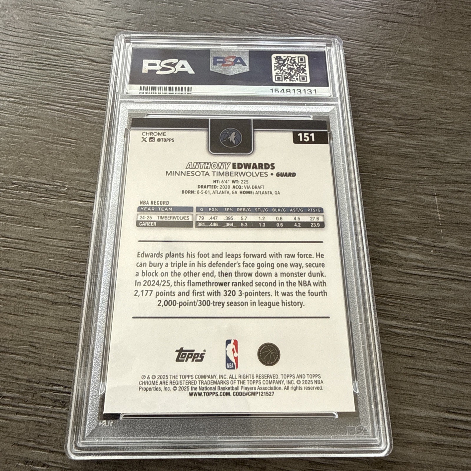2025 TOPPS CHROME BASKETBALL REFRACTOR #151 ANTHONY EDWARDS PSA 10 view 2