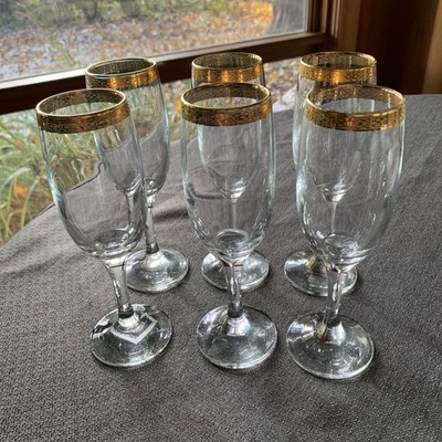 Circleware Crystal Classique Champagne Flute Gold Pattern Rim Set 6  VTG