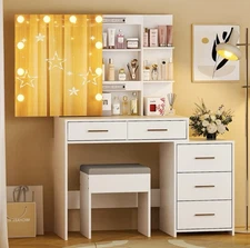 White Vanity Desk with Mirror Lighting and 5 Drawers Makeup Vanity Table