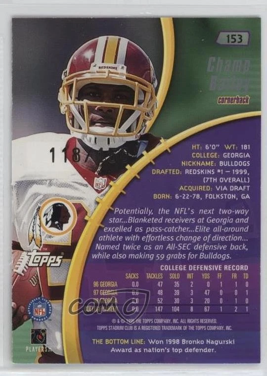 1999 Topps Stadium Club One of a Kind /150 Champ Bailey #153 Rookie RC HOF - Image 2 of 2