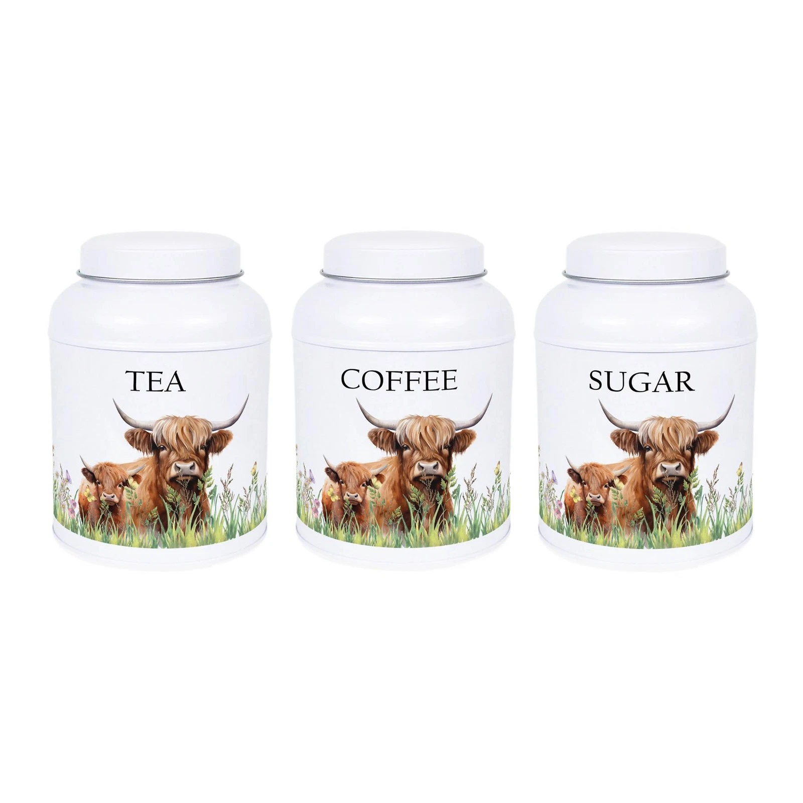 Highland Cow & Calf Tea, Coffee & Sugar Canister Set - Kitchen Storage Gift