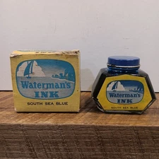 Vintage Waterman’s south sea blue Washable Ink, sealed bottle original box 2oz