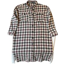 Prettylittlething Women Button Up Midi Shirt Dress US 6 Burgundy Plaid Flannel