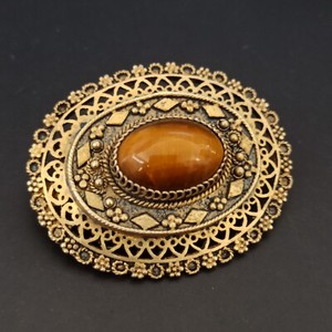 Authentic Antique Brooch Pendant Gold Plated Sterling 925 Tiger's Eye Israel Oriental