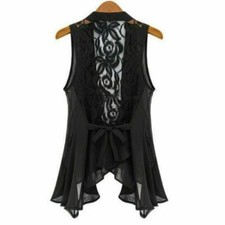 Femmes Dentelle Florale Mousseline de Soie Gilet sans Manche Ébouriffé Cardigan