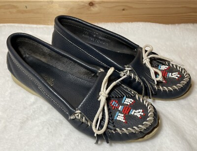 Minnetonka Navy Thunderbird Beaded Moccasins Women's