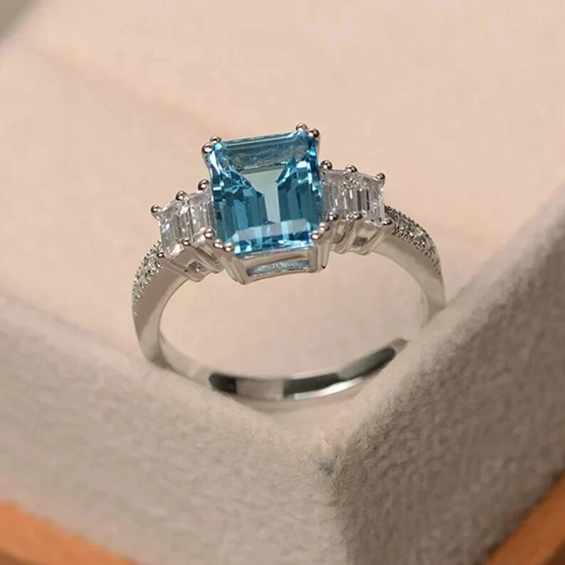 Emerald Cut 2.70 Ct Natural Aquamarine Diamond Engagement Ring 14K White Gold - Image 2 of 4