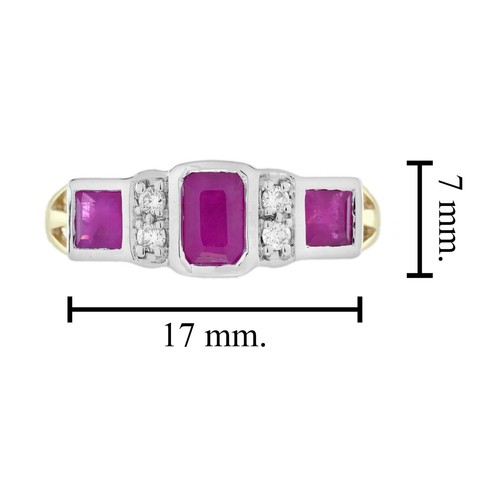 9K Yellow Gold Ruby Diamond Art Deco Style Three Stone Ring - Picture 7 of 11