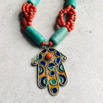 Moroccan Khamsa Hand of Fatima Hamsa Silver Tone Turquoise Beaded Necklace  8*