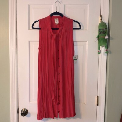 Juniors Sized Self Esteem Large Coral Gauzy Tie Neck Button Down Tank Dress