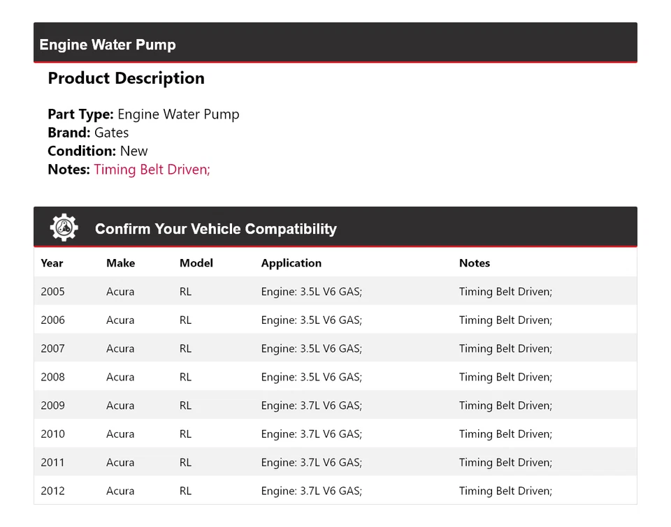 Puertas de bomba de agua para motor Acura RL 2005-2012 2006 2007 2008 2009 2010 2011 Foto 2 de 4