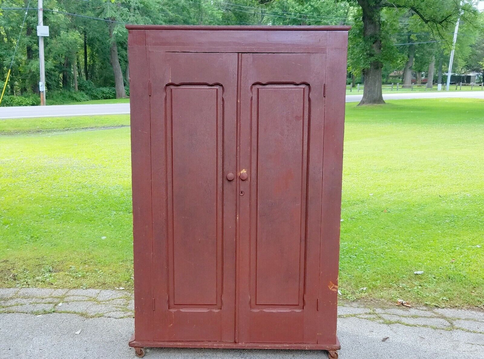 Antique 19thC Country Primitive 2 Door PANTRY CUPBOARD Cabinet Old Red Paint 