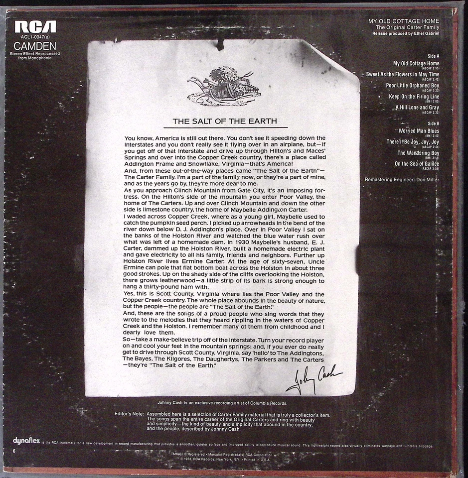 THE ORIGINAL CARTER FAMILY MY OLD COTTAGE HOME CAMDEN EXC VINYL LP 165-58W - Image 2 of 4