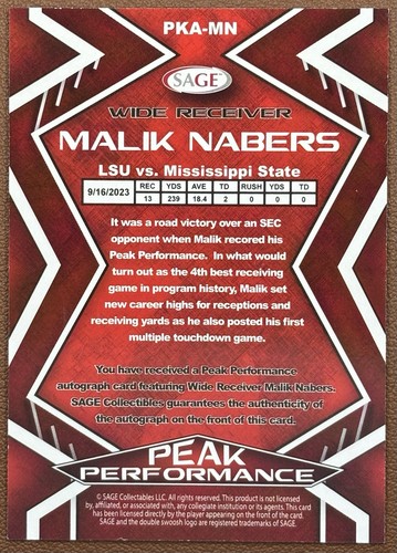 2024 Sage - Malik Nabers - Peak Performance Red Autograph (RC) - Picture 3 of 4