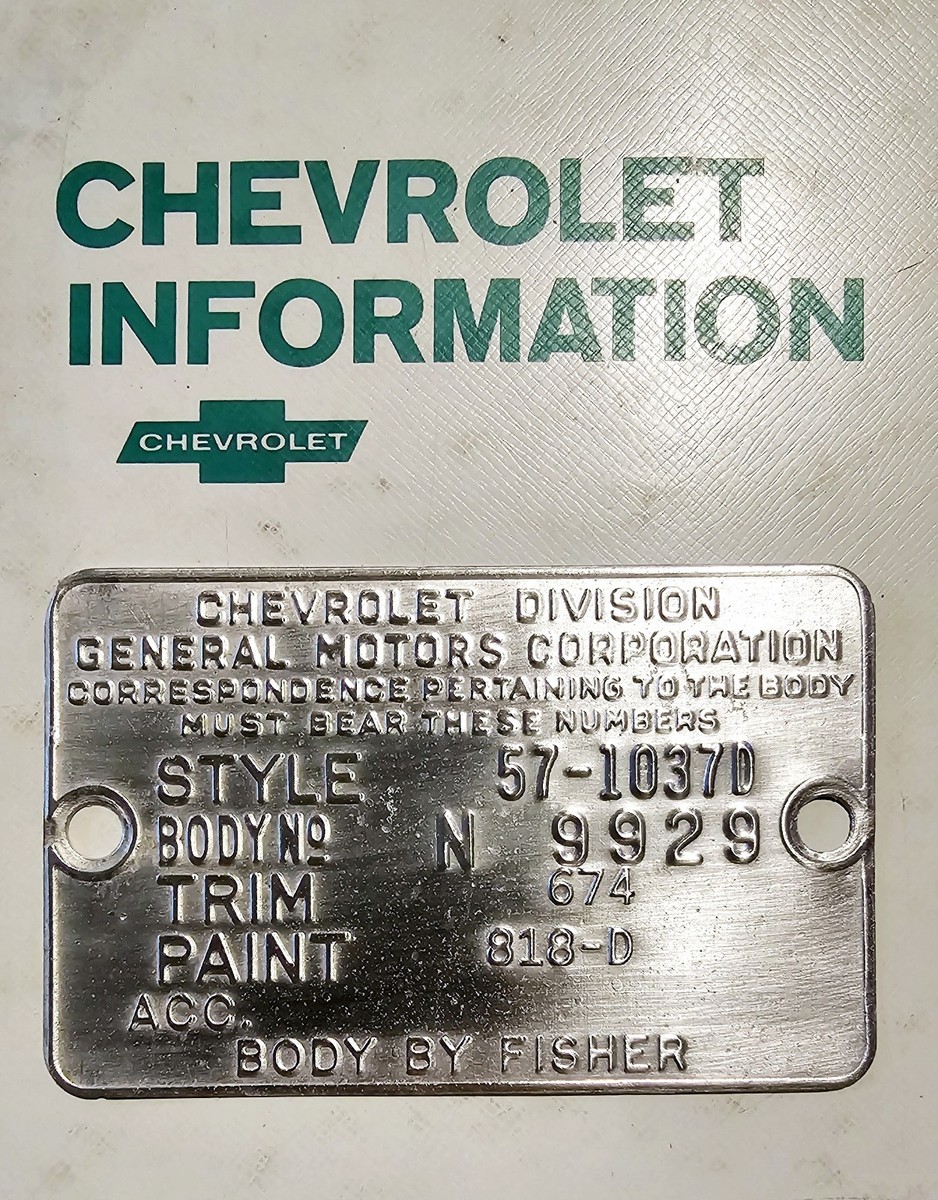 1957 Chevrolet Bel Air 2 Door Hardtop Trim Cowl Tag Adobe Beige