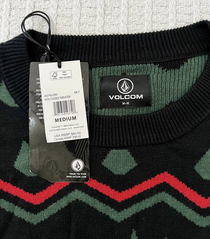 NWT VOLCOM STONE HOLI-DAZED Ugly Christmas Black Sweater Mens MD 21” X 28” - Image 2 of 4