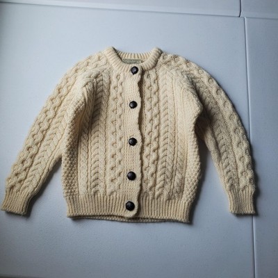 Carraig Donn Cardigan Sweater Kids 4 White Aran Cable Knit Pure New Wool Ireland