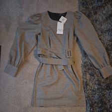 BNWT NEW Zara Herringbone Brown Check Belted Longsleeve Dress Size M