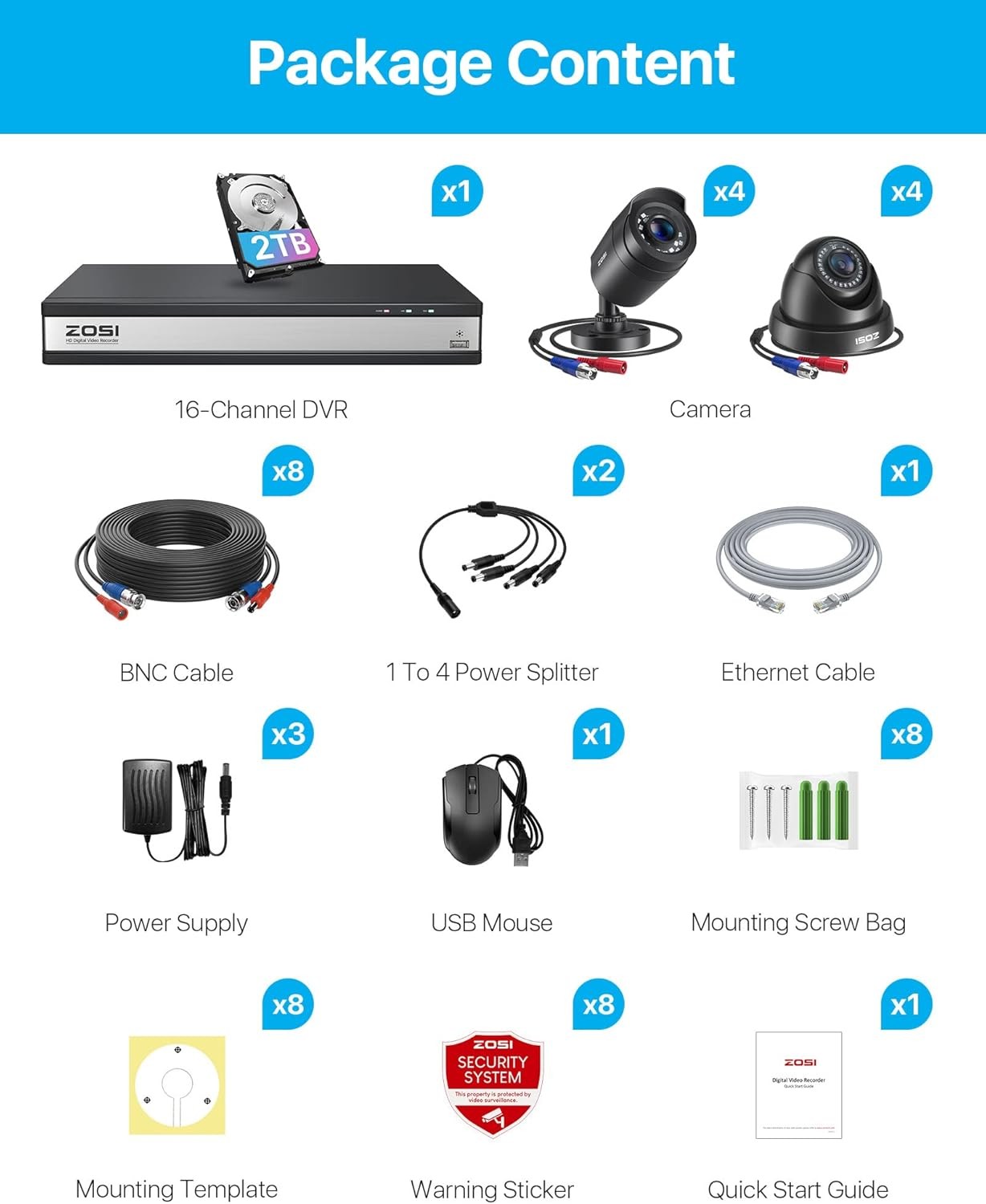 ZOSI 16CH 3K Lite CCTV DVR Home Security Camera System 8x1080P OutdoorCamera 2TB