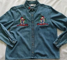 WOMEN BOBBIE BROOKS CHRISTMAS EMBROIDERED DENIM BUTTON UP LONG SLEEVE SHIRT M