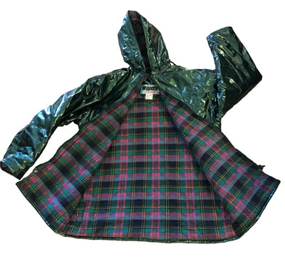 Vintage Wippette Rainthings Green Zip Vinyl Rain Coat Flannel Plaid Lining Med