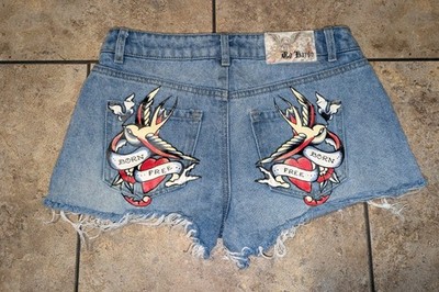 Ed Hardy Distressed Denim Painted Y2K Born Free Retro Art Cut Off Size 26