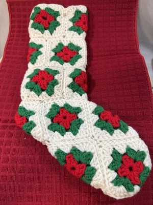 Vintage White Red Green Granny Crochet Square Christmas Stocking 13''  Handmade