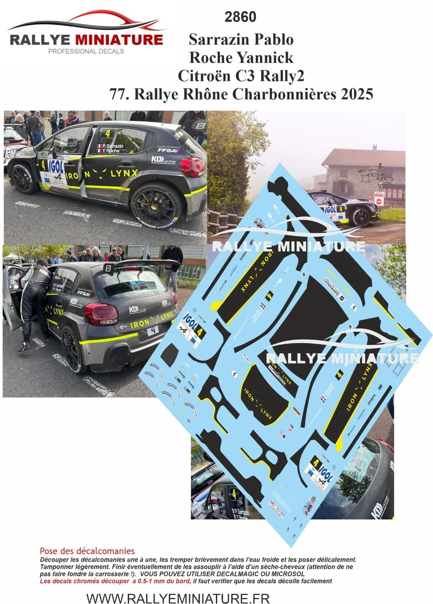 Planche De Décalcomanies 1/43 CITROEN C3 RALLYE LYON CHARBONNIERES 2022 - Pierre Roche