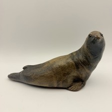 Vintage 8  Sea Lion Seal Figurine Faux Wood Carved Glass Eyes Beach Coastal