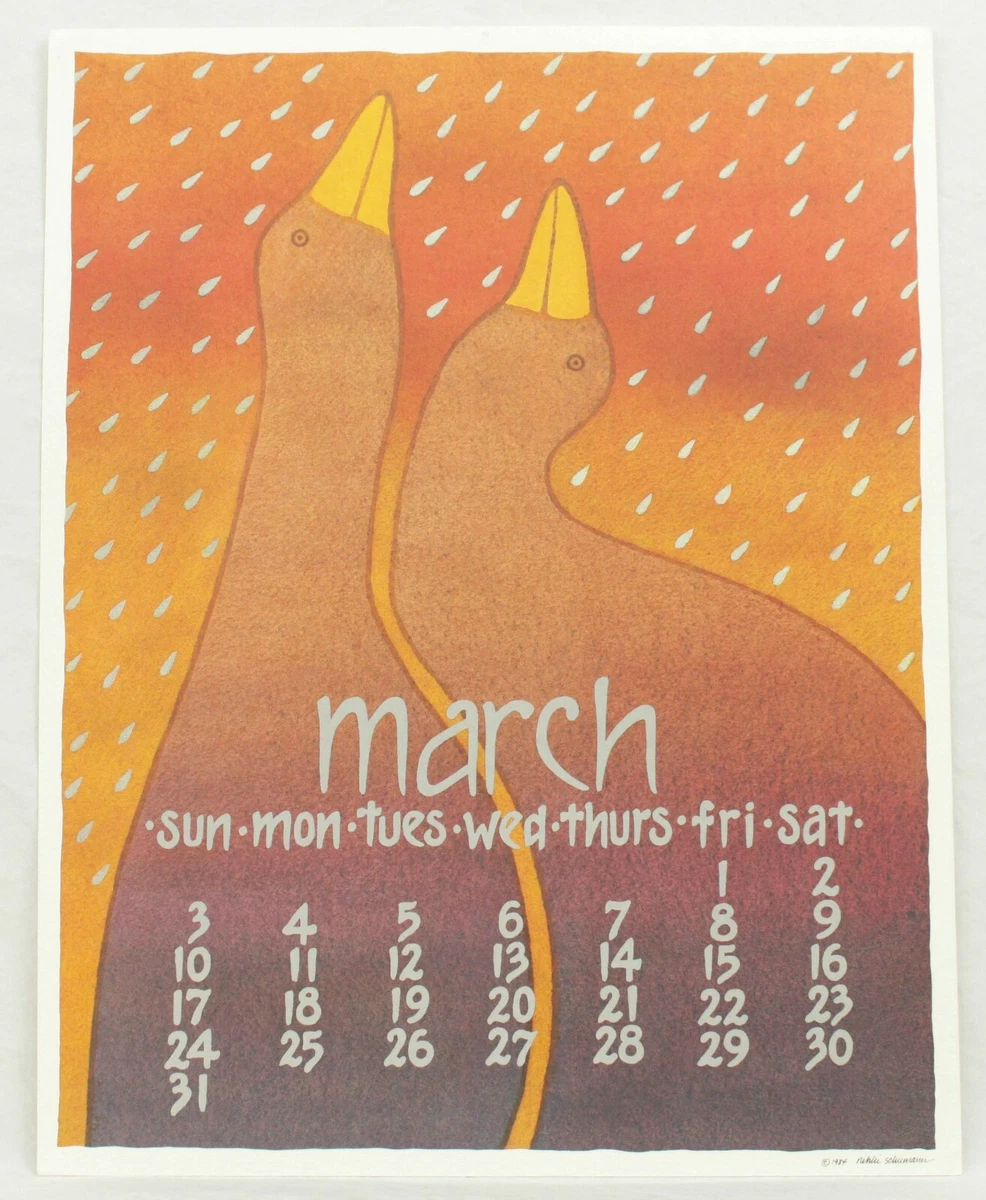 MARCH 1984 Vintage Primitive Lithograph Folk Art Calendar Schumann Poster |  eBay